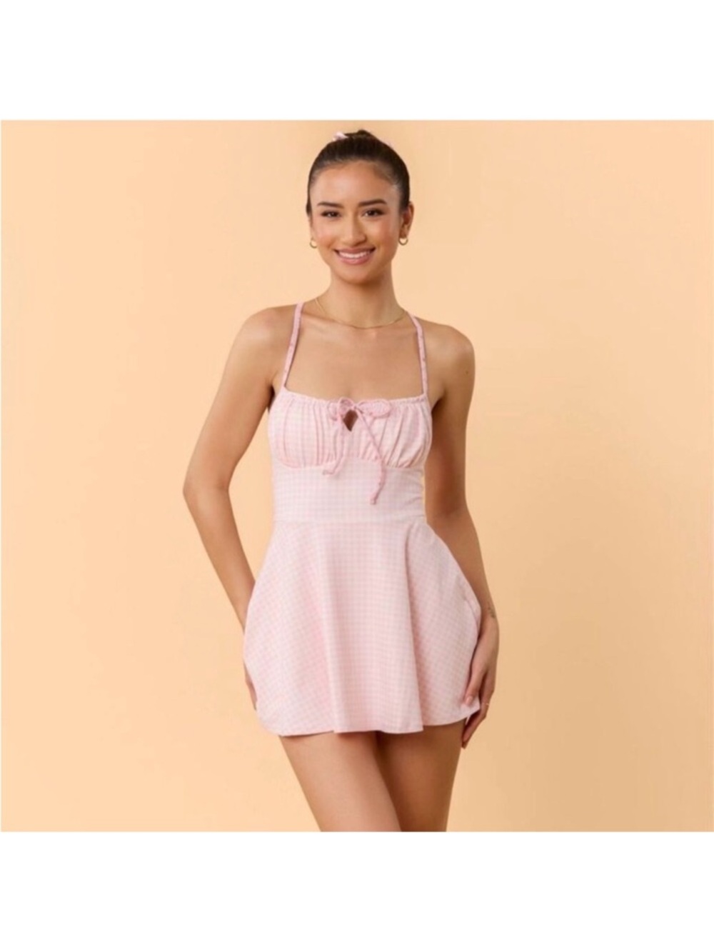 Blogilates Women's Tie Front Twirl Dress - Pink Gingham